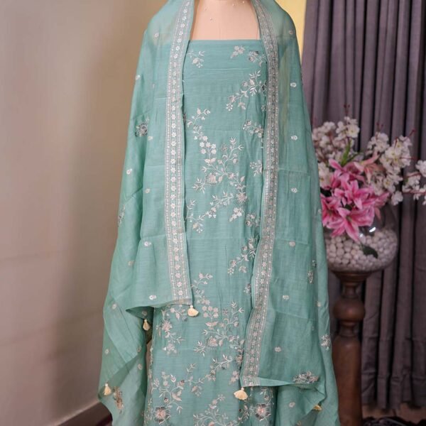 Green Pure Mal Suit with Thread, Sequin & Zari Embroidery