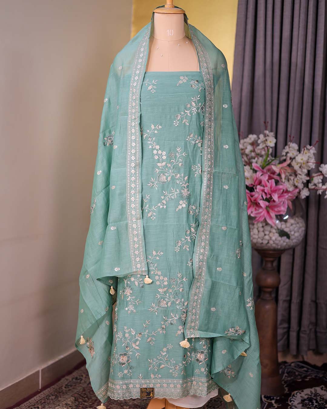 Green Pure Mal Suit with Thread, Sequin & Zari Embroidery