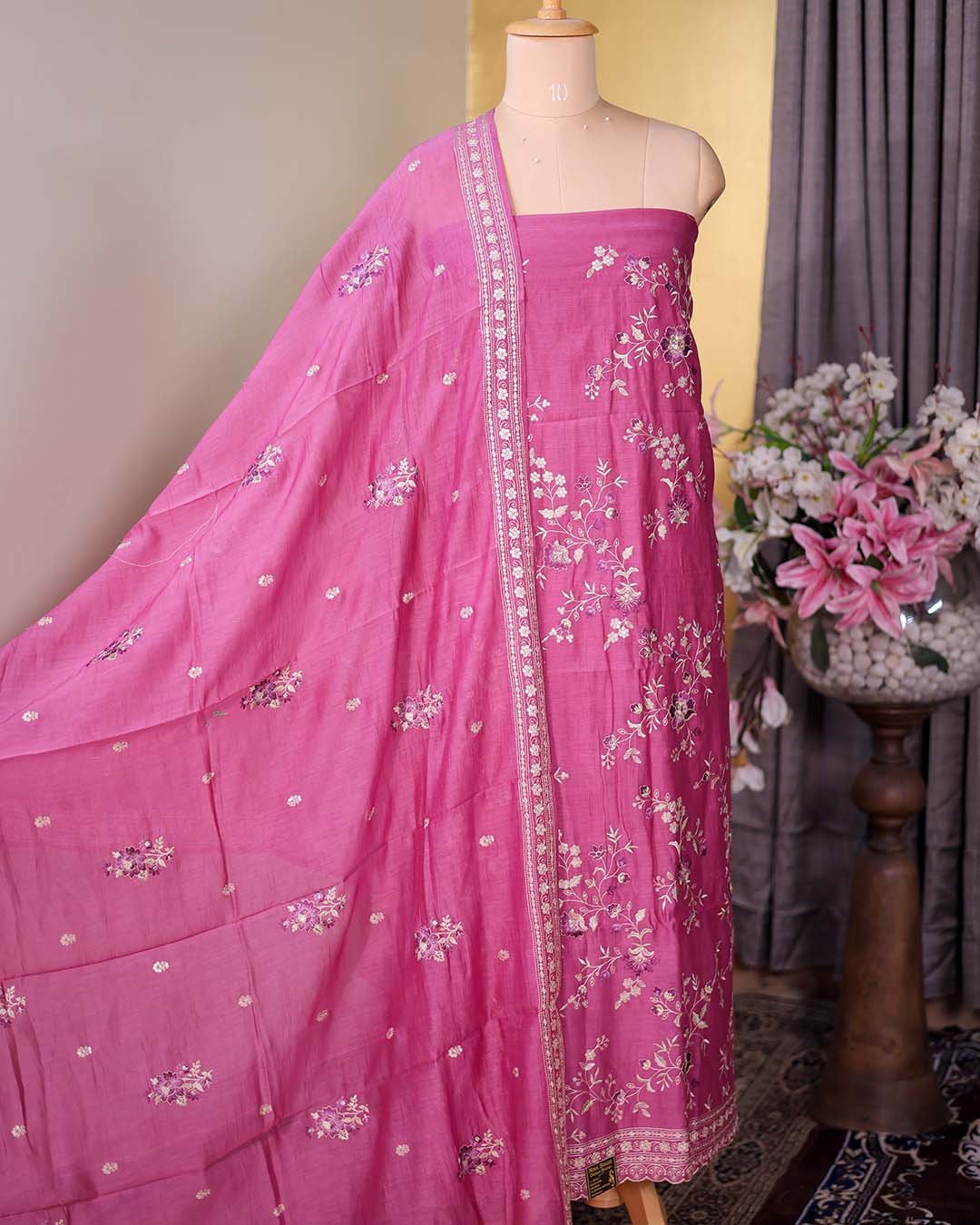 Pink Pure Mal Suit with Thread, Sequin & Zari Embroidery