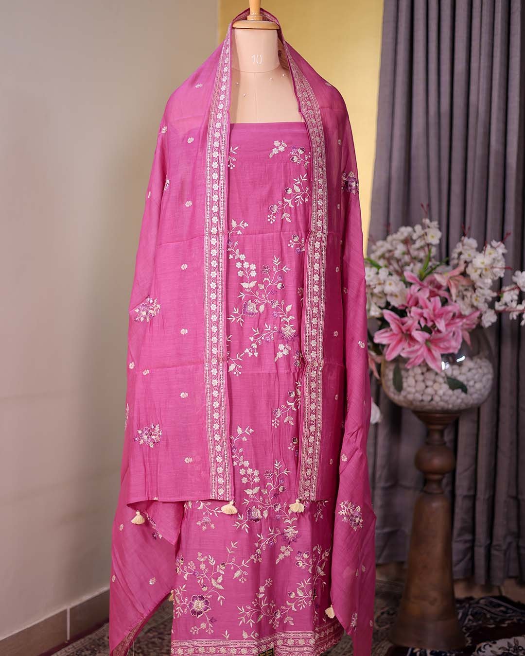 Second image of Pink Pure Mal Suit with Thread, Sequin & Zari Embroidery