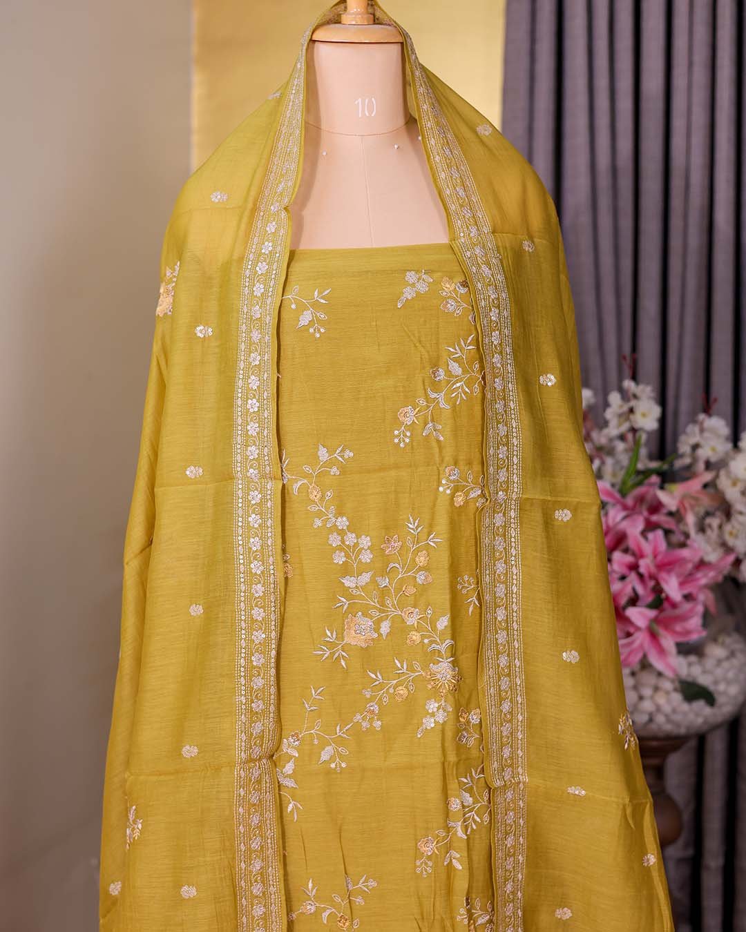 Second image of Mustard Pure Mal Suit with Thread, Sequin & Zari Embroidery