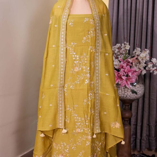Mustard Pure Mal Suit with Thread, Sequin & Zari Embroidery