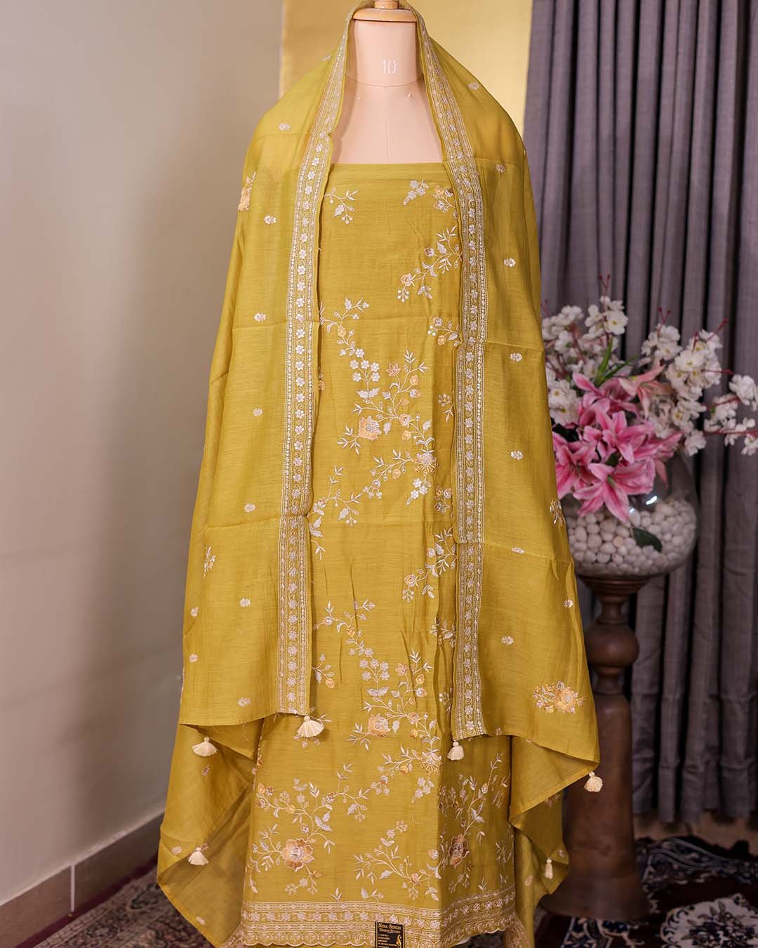 Mustard Pure Mal Suit with Thread, Sequin & Zari Embroidery