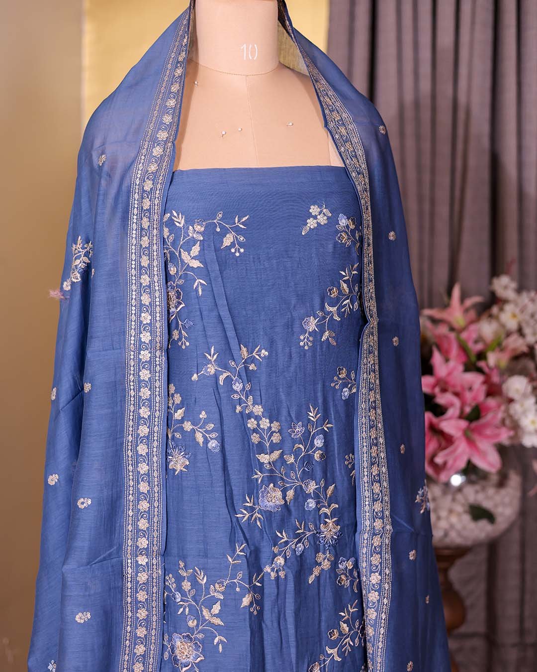 Second image of Blue Pure Mal Suit with Thread, Sequin & Zari Embroidery