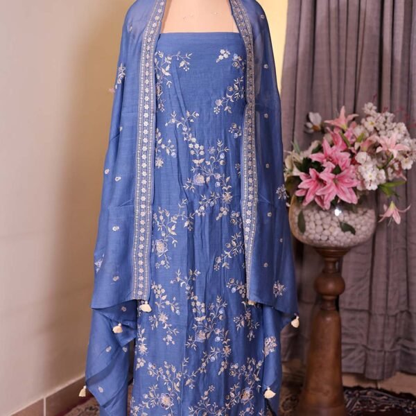 Blue Pure Mal Suit with Thread, Sequin & Zari Embroidery