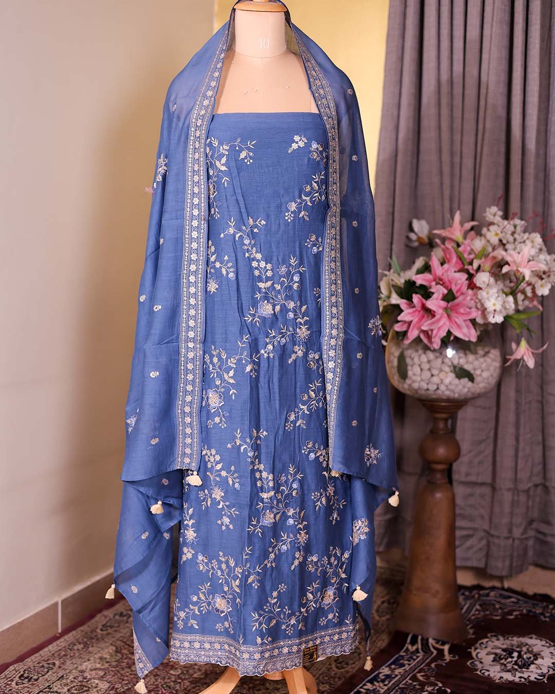 Blue Pure Mal Suit with Thread, Sequin & Zari Embroidery