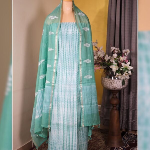 Green Pure Mal Tie & Dye Suit with Embroidered Dupatta