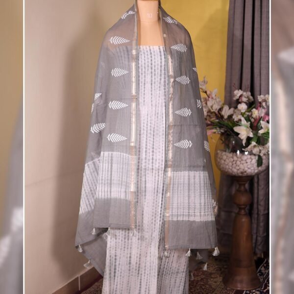 Grey Pure Mal Tie & Dye Suit with Embroidered Dupatta