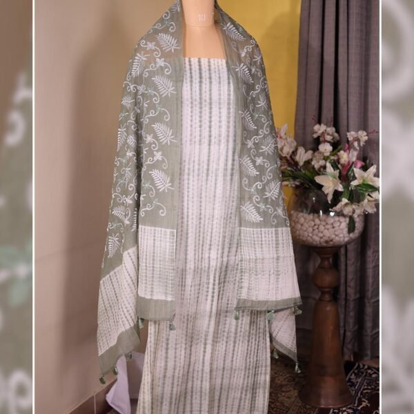 Light Green Pure Mal Tie & Dye Suit with Embroidered Dupatta