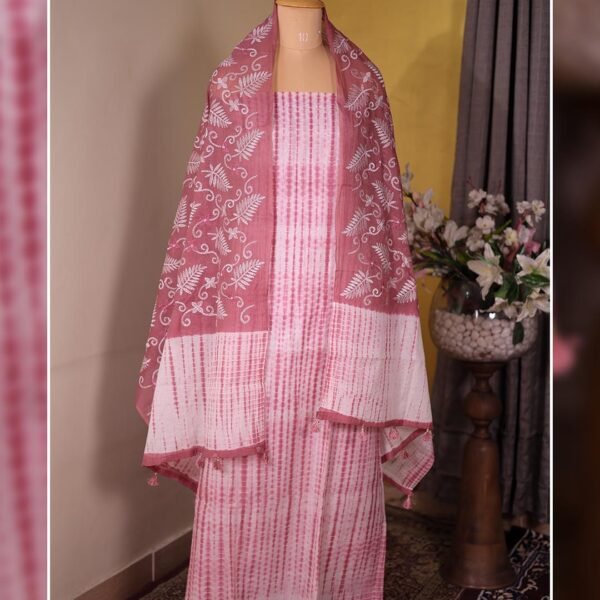 Carrot color Pure Mal Tie & Dye Suit with Embroidered Dupatta