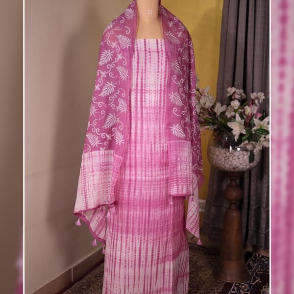 Pink Pure Mal Tie & Dye Suit with Embroidered Dupatta