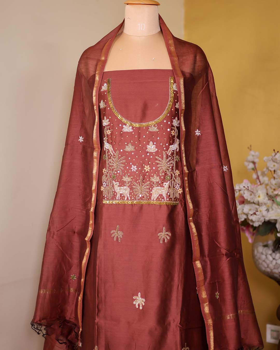 Second image of Copper Maheshwari Silk Suit with Zardozi Neckline & Booti Dupatta