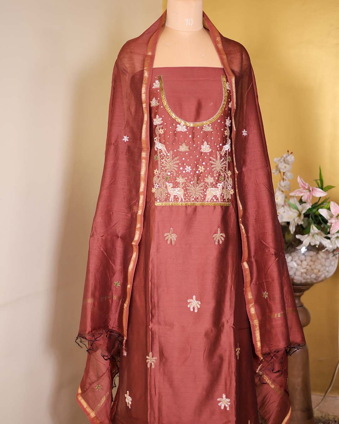 Copper Maheshwari Silk Suit with Zardozi Neckline & Booti Dupatta