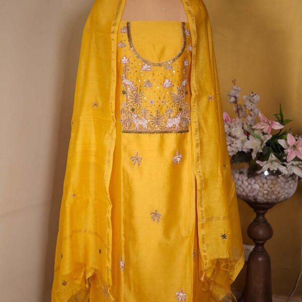 Yellow Maheshwari Silk Suit with Zardozi Neckline & Booti Dupatta