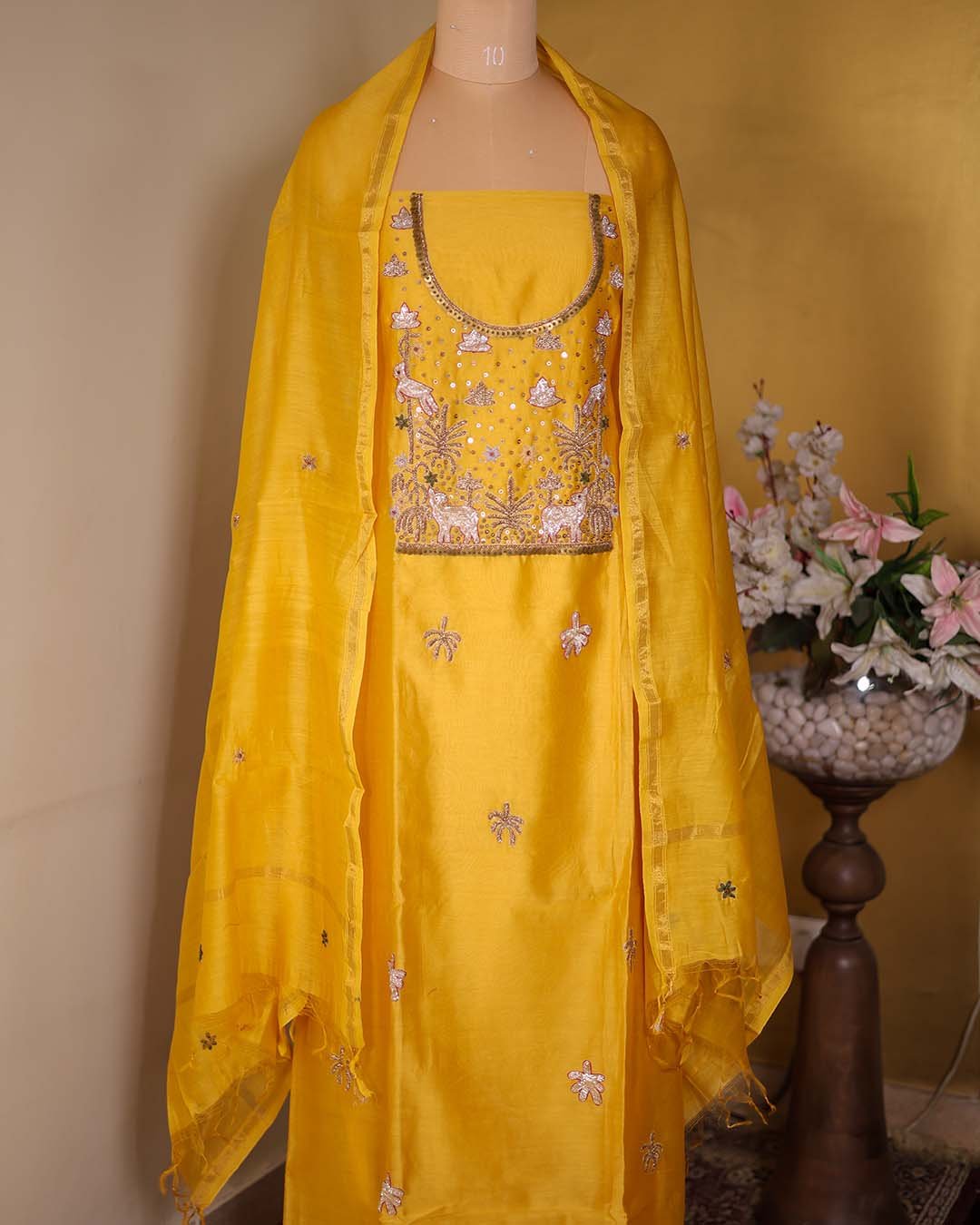 Yellow Maheshwari Silk Suit with Zardozi Neckline & Booti Dupatta