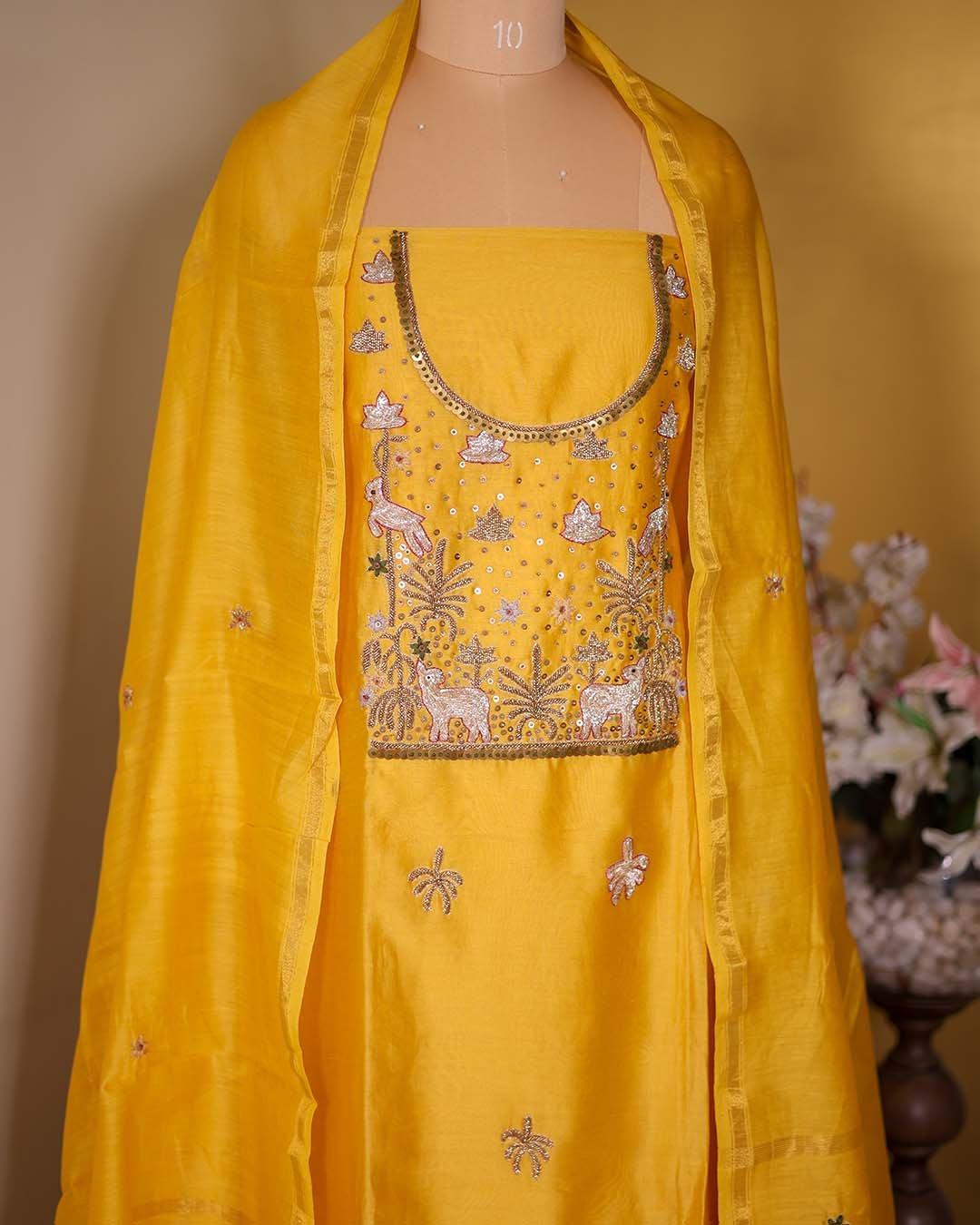 Second image of Yellow Maheshwari Silk Suit with Zardozi Neckline & Booti Dupatta