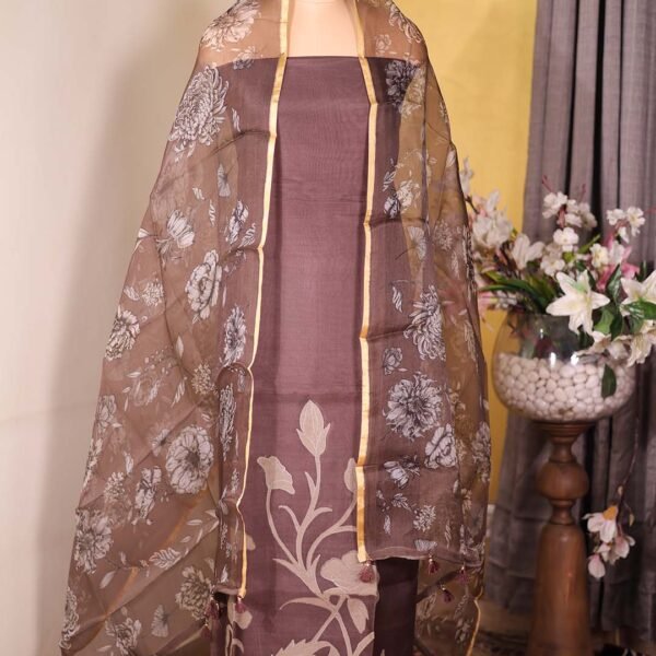 Chocolate Brown Pure Organza Suit with Tone-on-Tone Appliqué & Printed Dupatta