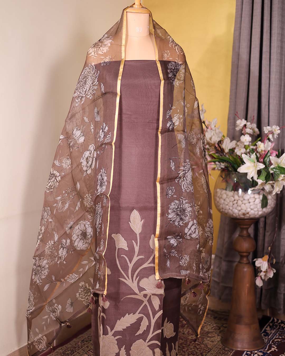 Chocolate Brown Pure Organza Suit with Tone-on-Tone Appliqué & Printed Dupatta