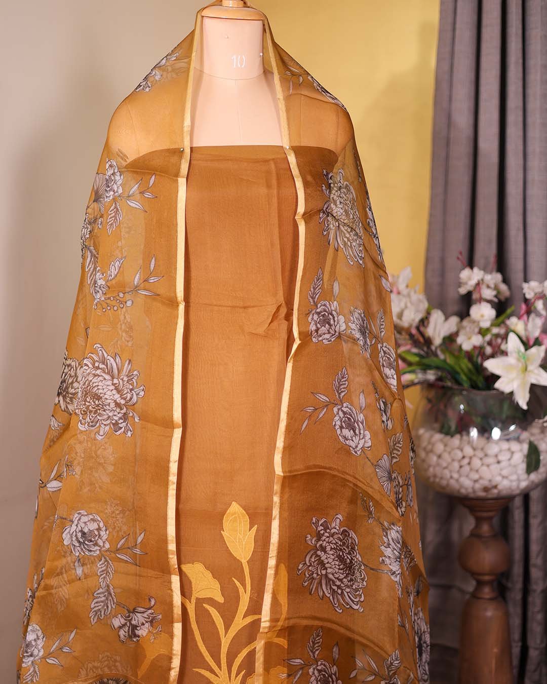 Second image of Mustard Pure Organza Suit with Tone-on-Tone Appliqué & Printed Dupatta