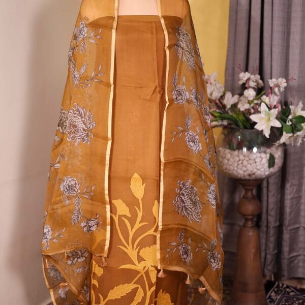 Mustard Pure Organza Suit with Tone-on-Tone Appliqué & Printed Dupatta