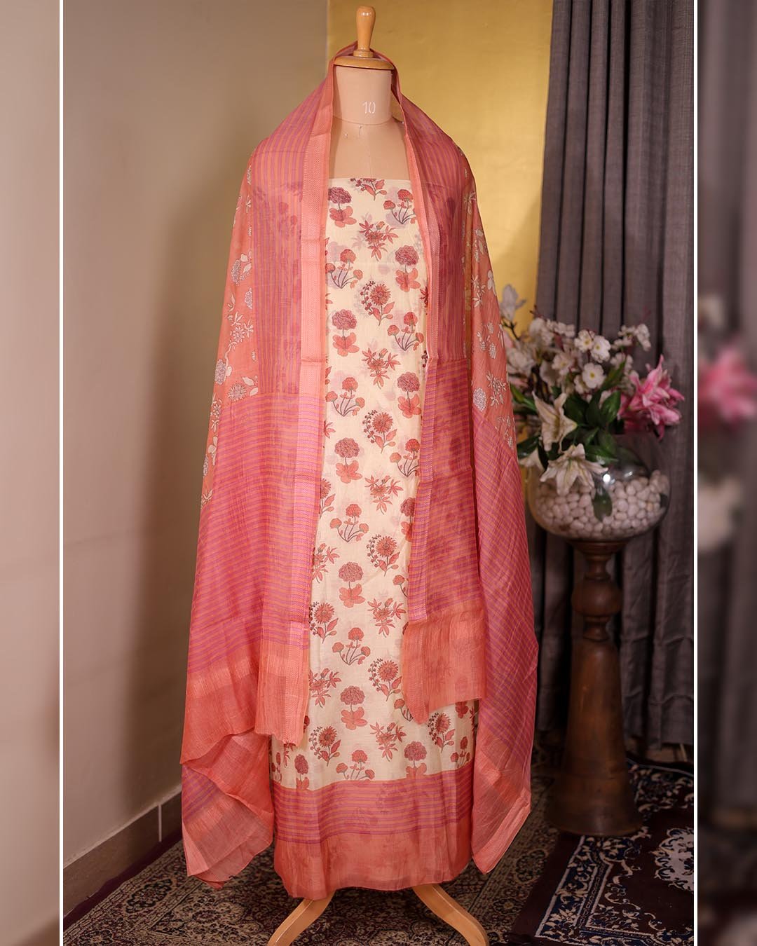 Second image of Pure Mal Printed Suit with Printed Dupatta – Peach Pink
