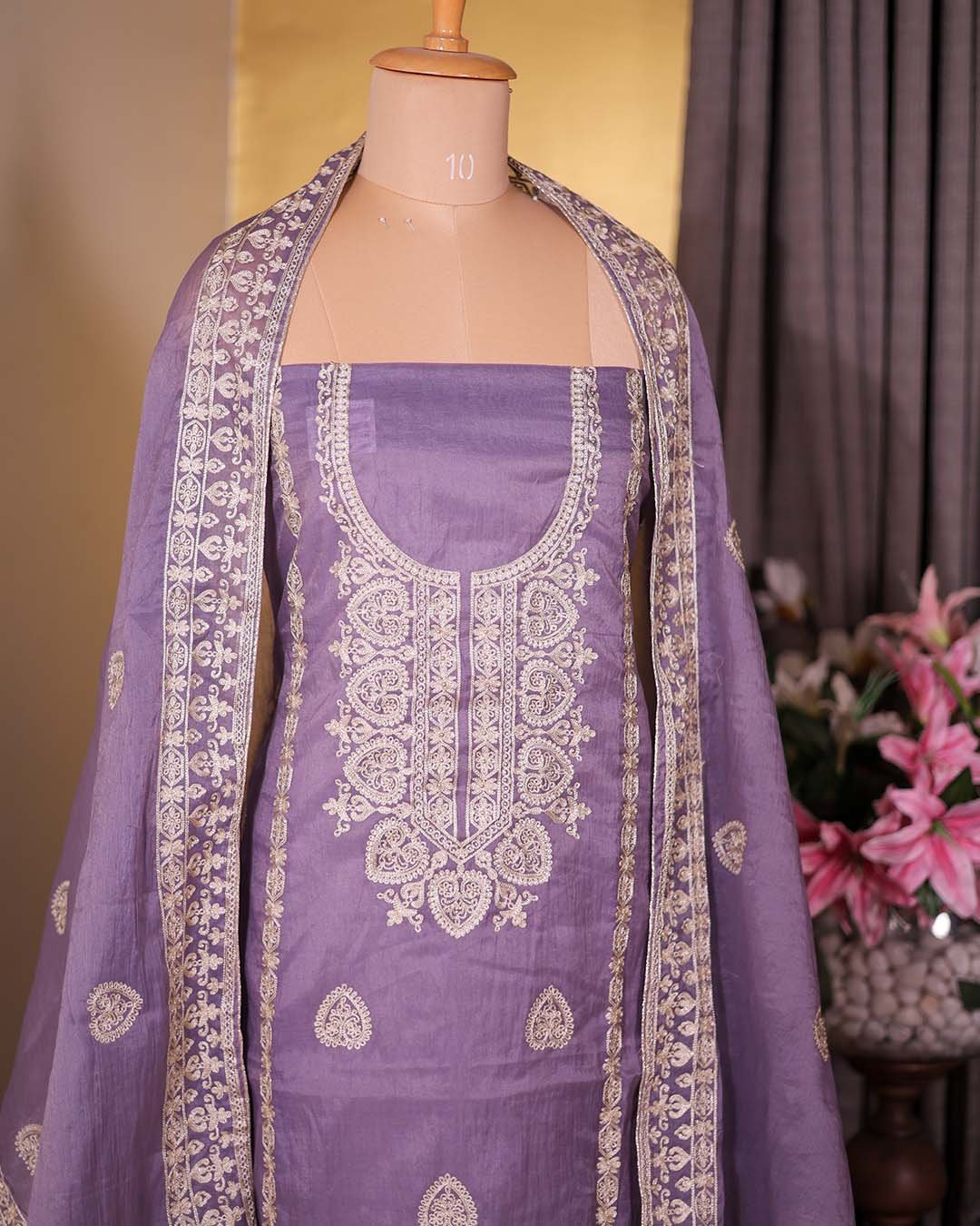 Second image of Mauve Pure Mal Suit with All-Over Zari Embroidery & Embroidered Dupatta