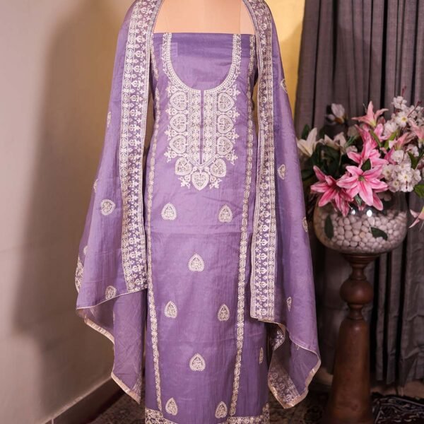 Mauve Pure Mal Suit with All-Over Zari Embroidery & Embroidered Dupatta