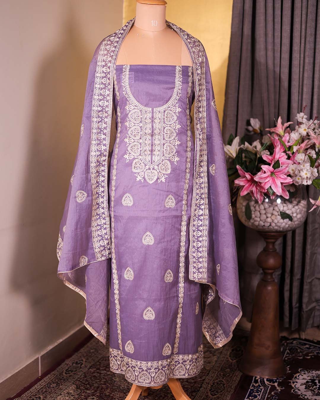 Mauve Pure Mal Suit with All-Over Zari Embroidery & Embroidered Dupatta