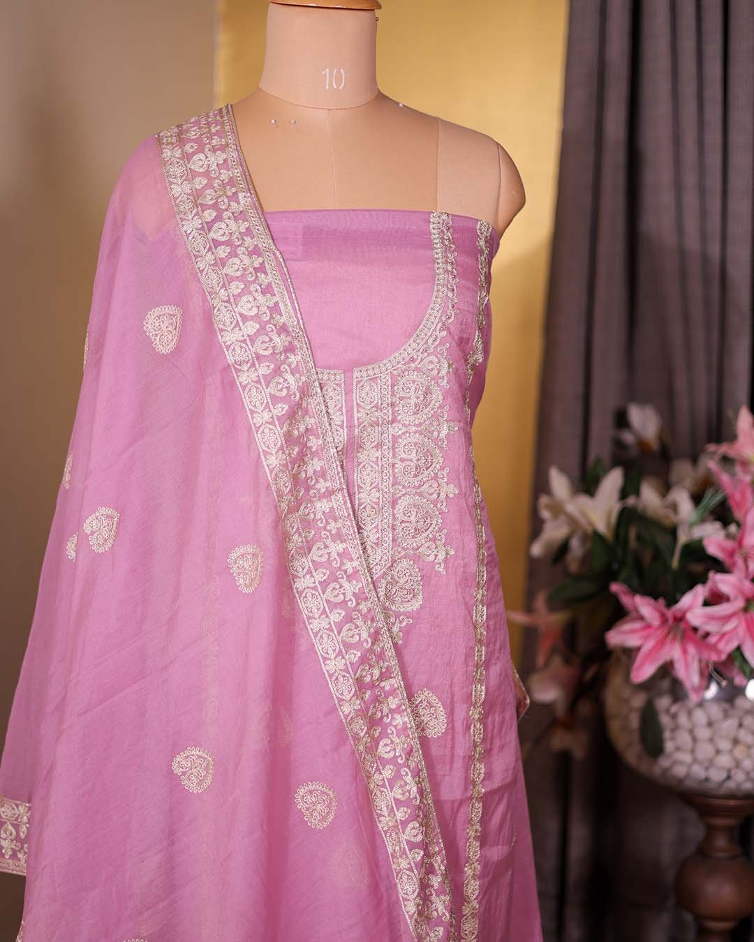 Second image of Pink Pure Mal Suit with All-Over Zari Embroidery & Embroidered Dupatta