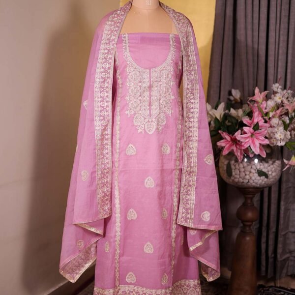Pink Pure Mal Suit with All-Over Zari Embroidery & Embroidered Dupatta