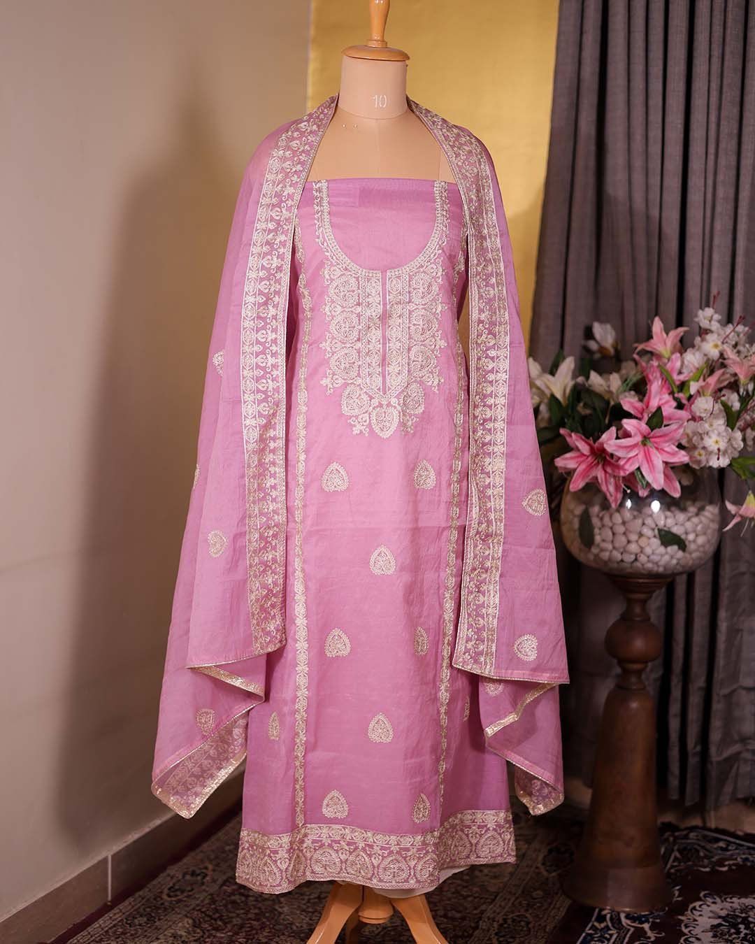 Pink Pure Mal Suit with All-Over Zari Embroidery & Embroidered Dupatta