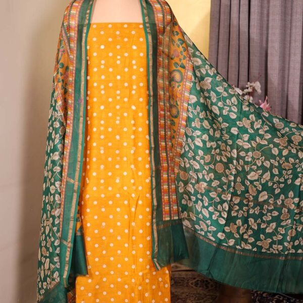 Yellow Maheshwari Silk Polka Suit with Zari Booties & Leaf Print Dupatta