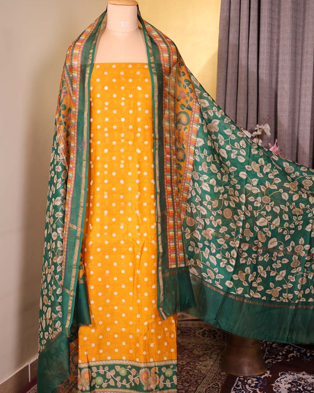 Yellow Maheshwari Silk Polka Suit with Zari Booties & Leaf Print Dupatta