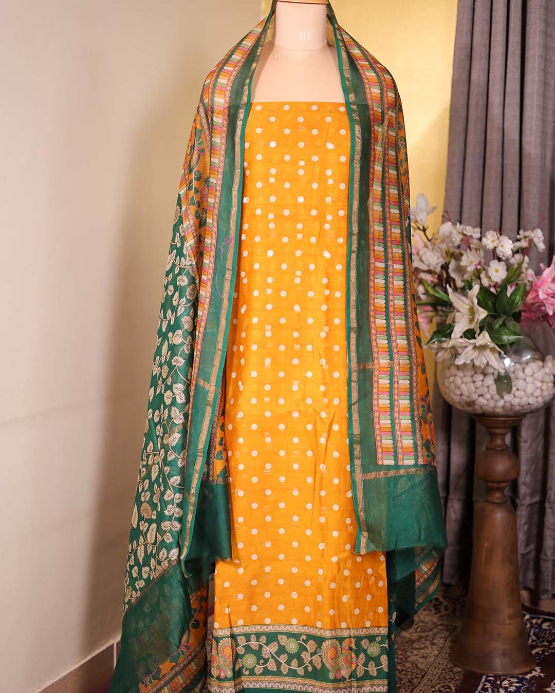 Second image of Yellow Maheshwari Silk Polka Suit with Zari Booties & Leaf Print Dupatta
