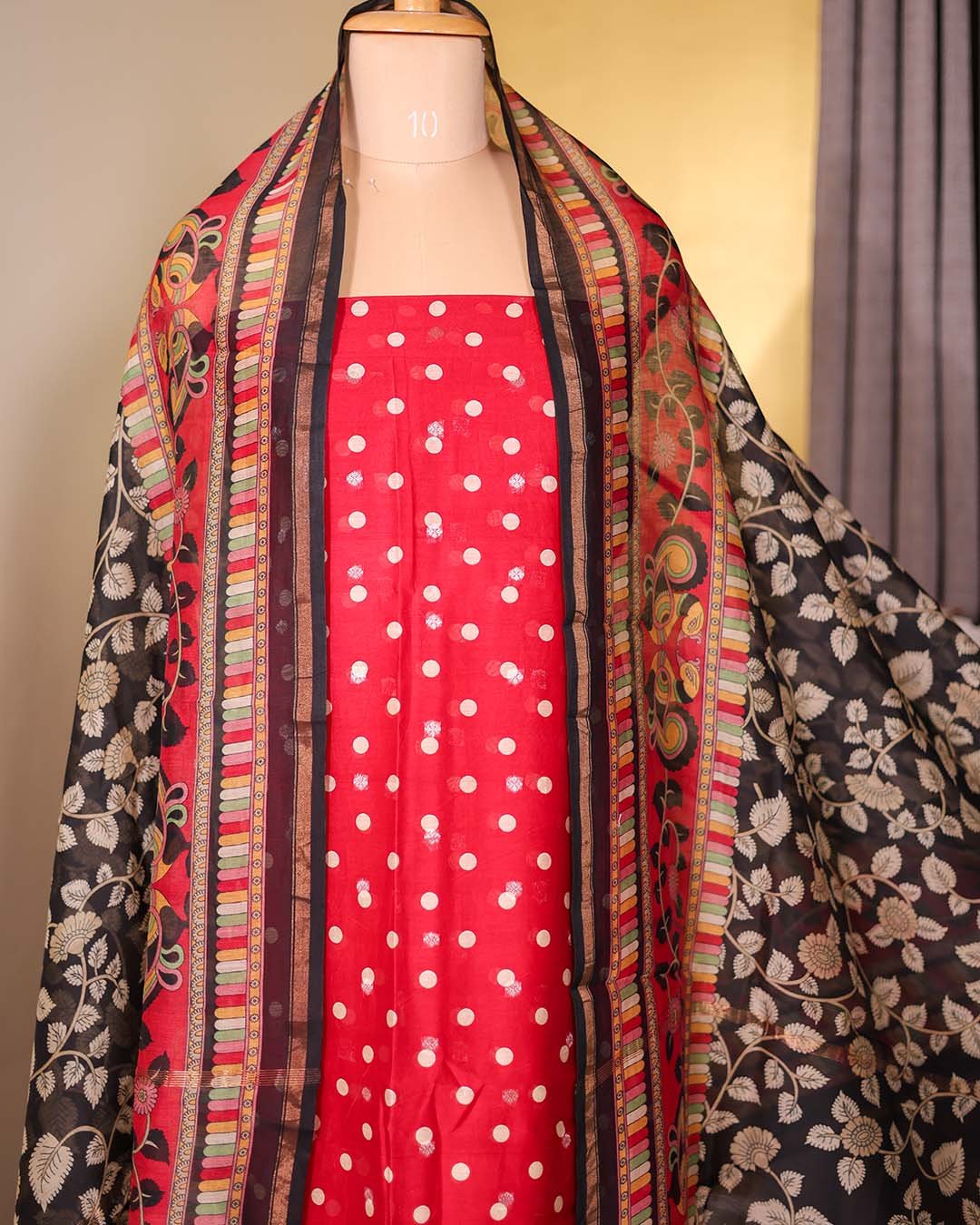 Second image of Red Maheshwari Silk Polka Suit with Zari Booties & Leaf Print Dupatta