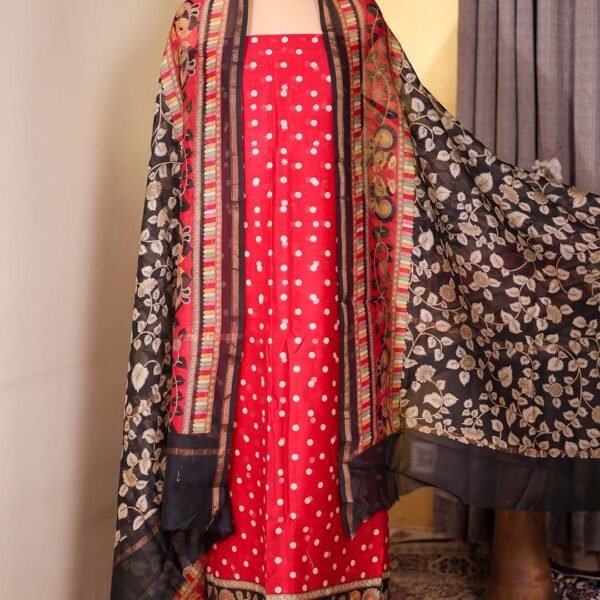 Red Maheshwari Silk Polka Suit with Zari Booties & Leaf Print Dupatta