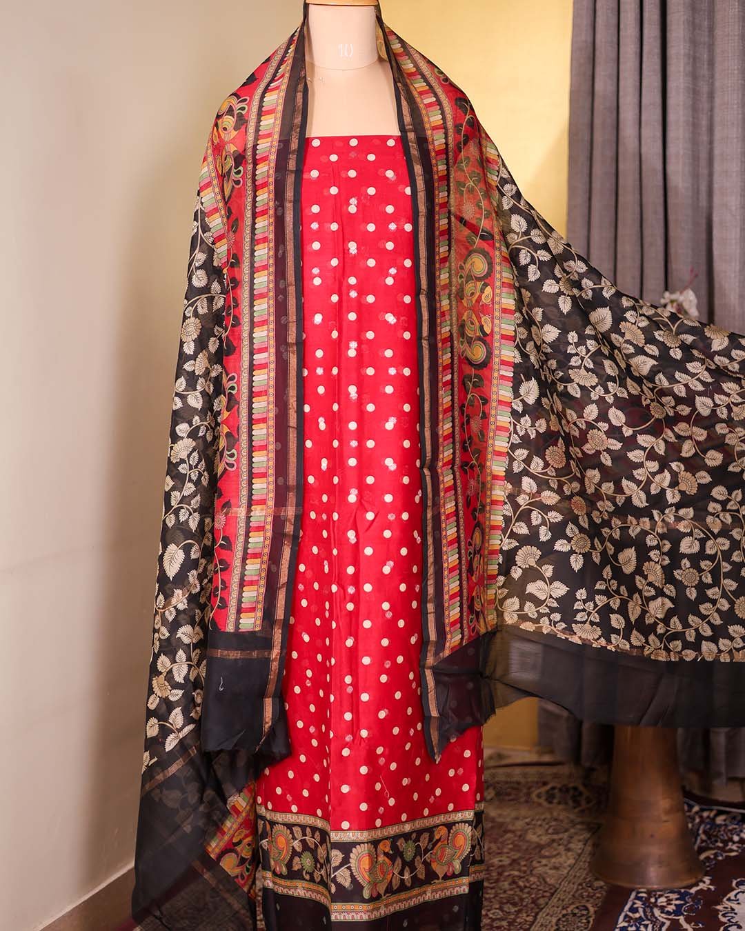 Red Maheshwari Silk Polka Suit with Zari Booties & Leaf Print Dupatta