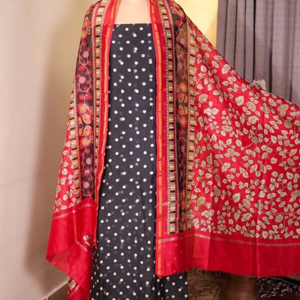 Black Maheshwari Silk Polka Suit with Zari Booties & Leaf Print Dupatta