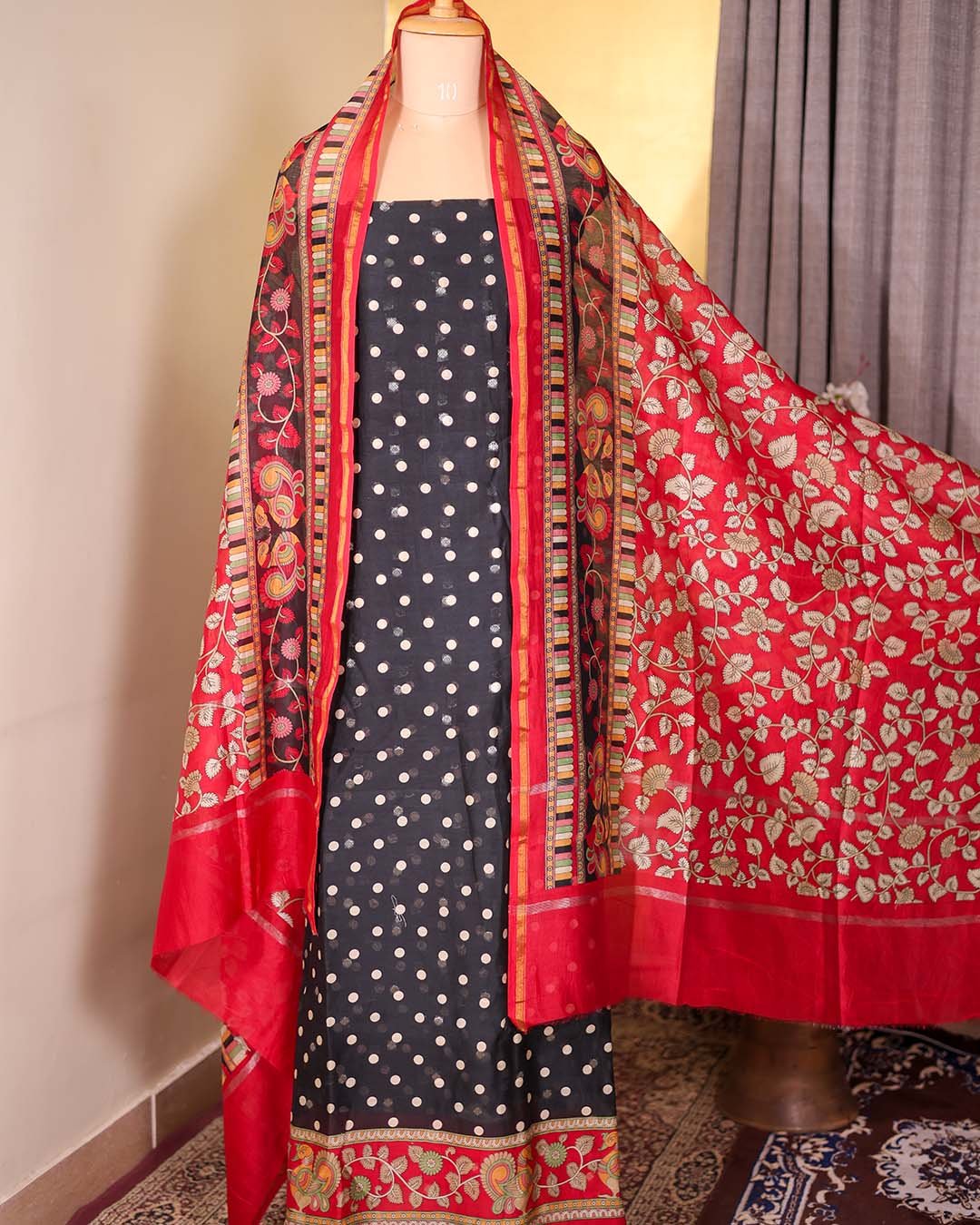 Black Maheshwari Silk Polka Suit with Zari Booties & Leaf Print Dupatta