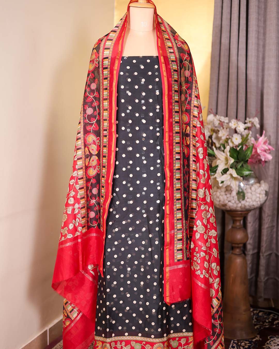 Second image of Black Maheshwari Silk Polka Suit with Zari Booties & Leaf Print Dupatta