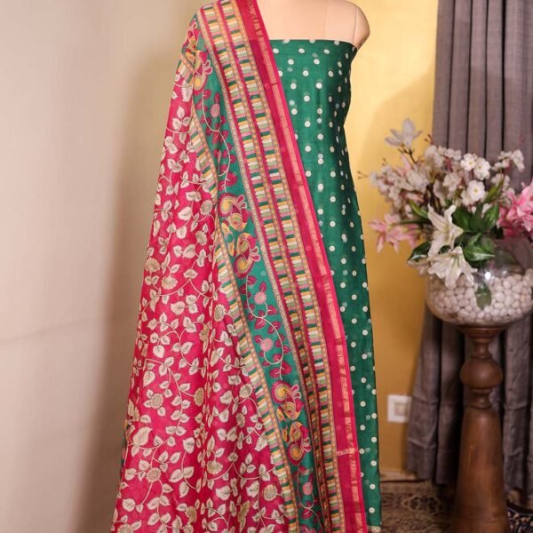 Green Maheshwari Silk Polka Suit with Zari Booties & Leaf Print Dupatta