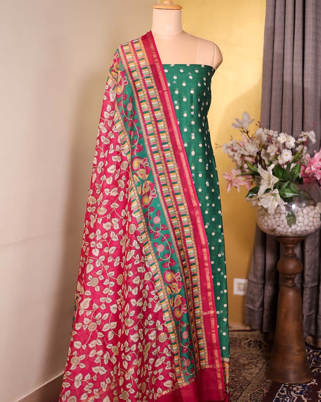 Green Maheshwari Silk Polka Suit with Zari Booties & Leaf Print Dupatta