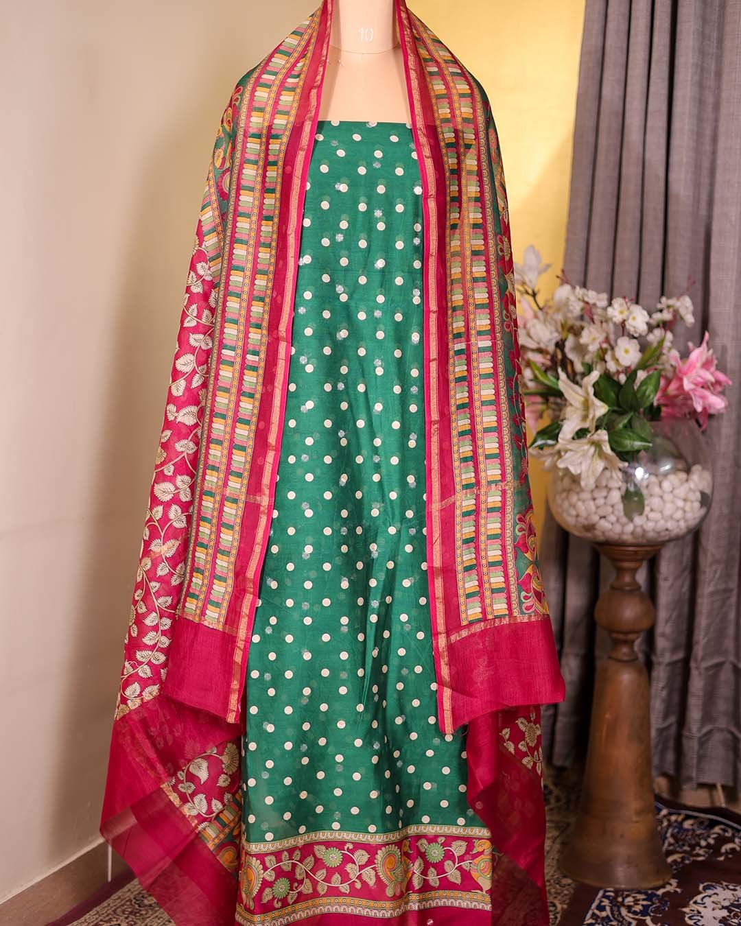Second image of Green Maheshwari Silk Polka Suit with Zari Booties & Leaf Print Dupatta