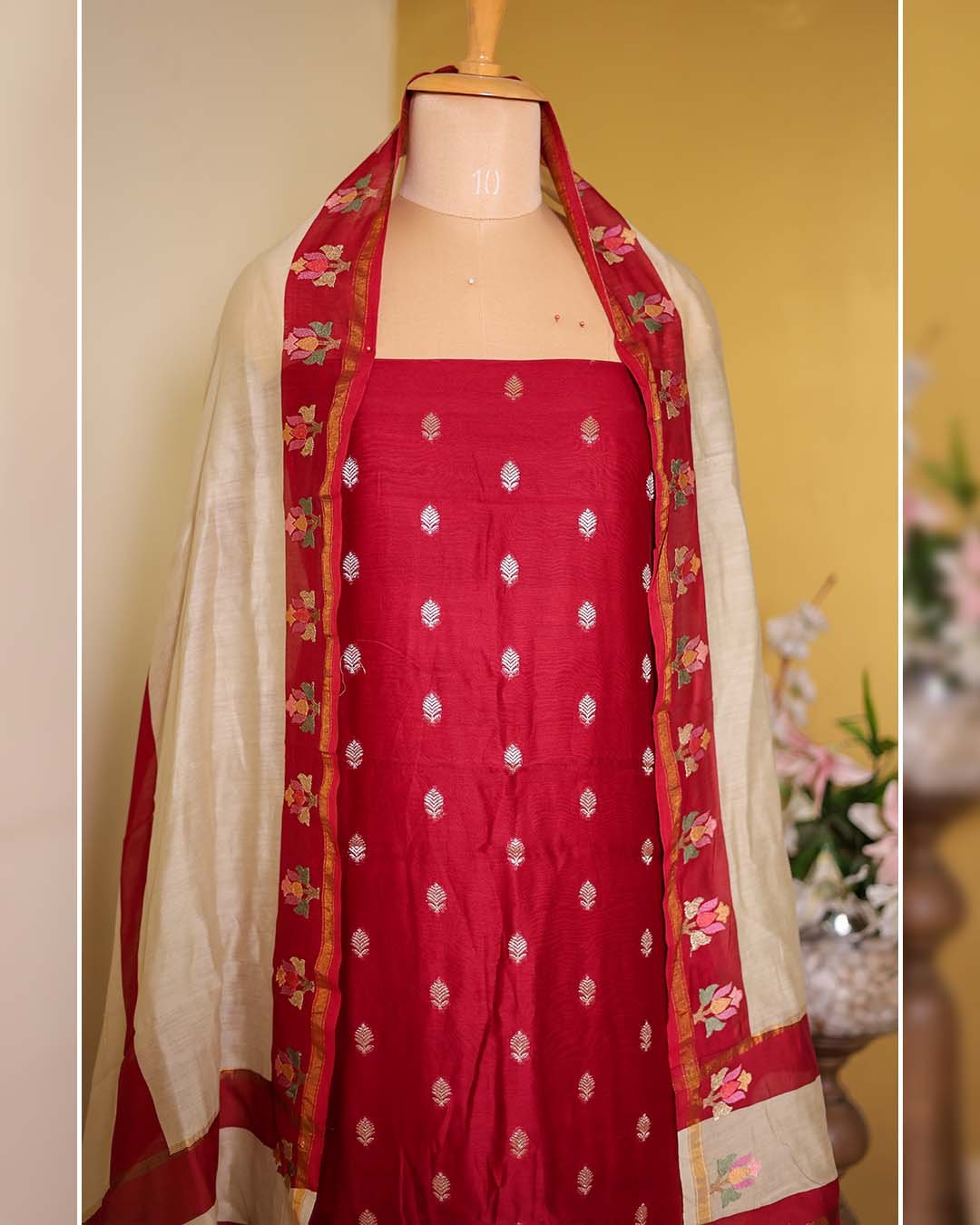 Second image of Red Maheshwari Silk Suit with Banarasi Zari Booties & Embroidered Dupatta
