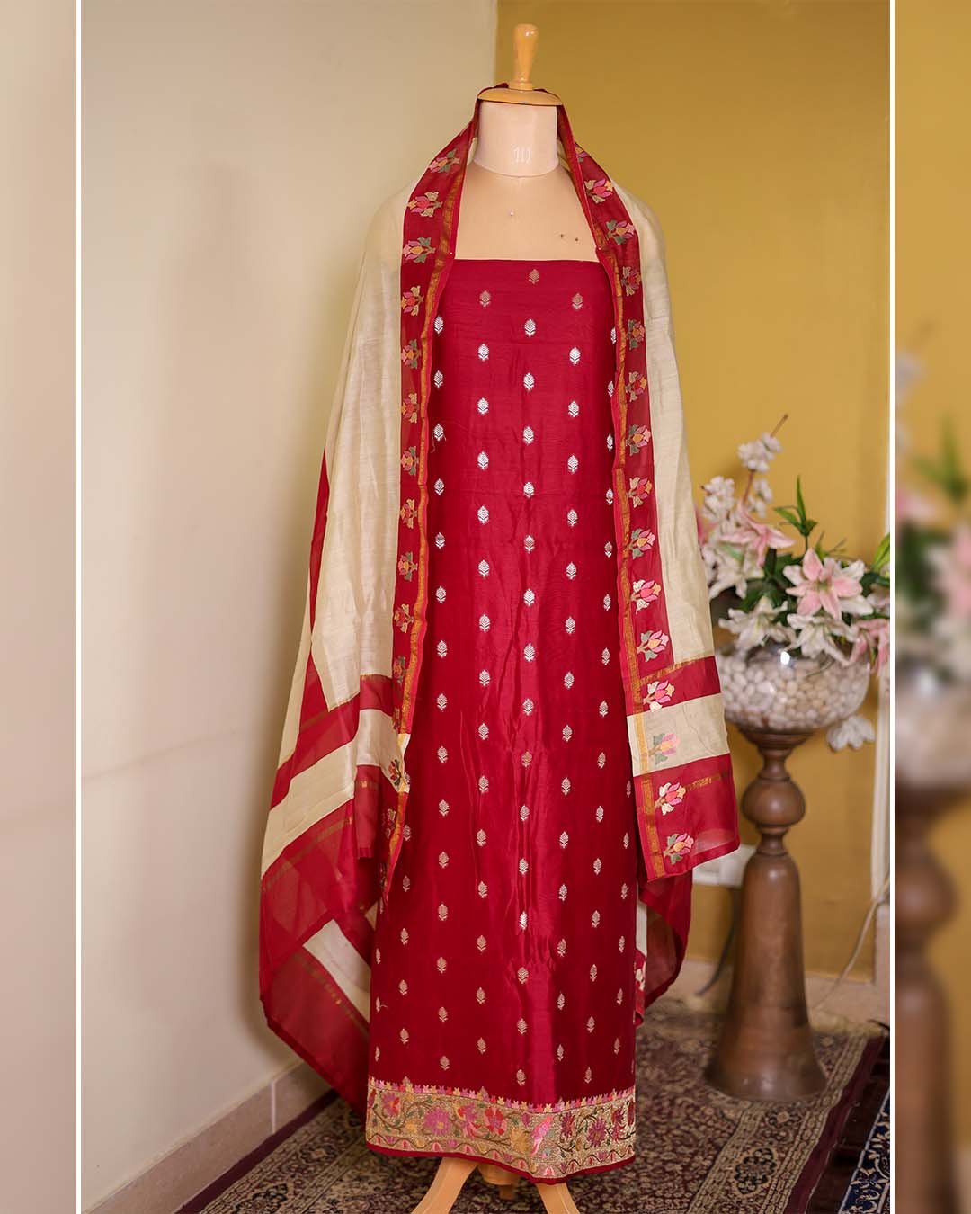 Red Maheshwari Silk Suit with Banarasi Zari Booties & Embroidered Dupatta
