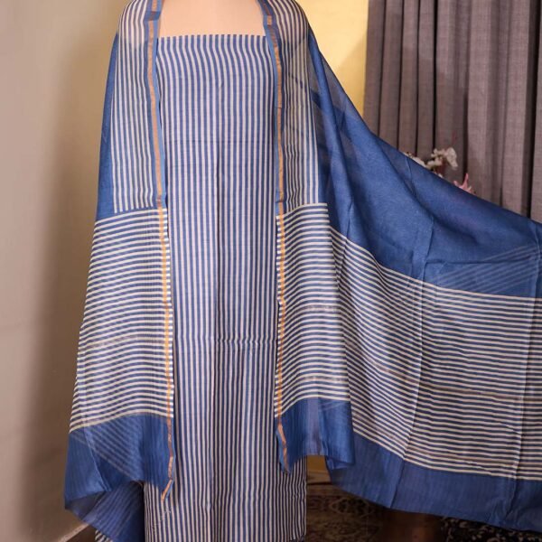 Blue Striped Mal Suit with Floral Hemline & Printed Dupatta