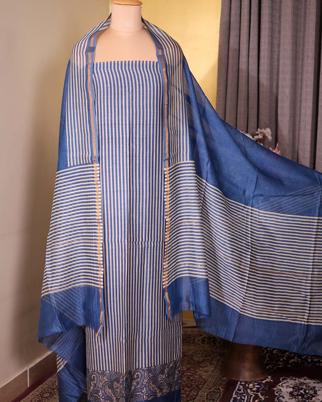 Blue Striped Mal Suit with Floral Hemline & Printed Dupatta