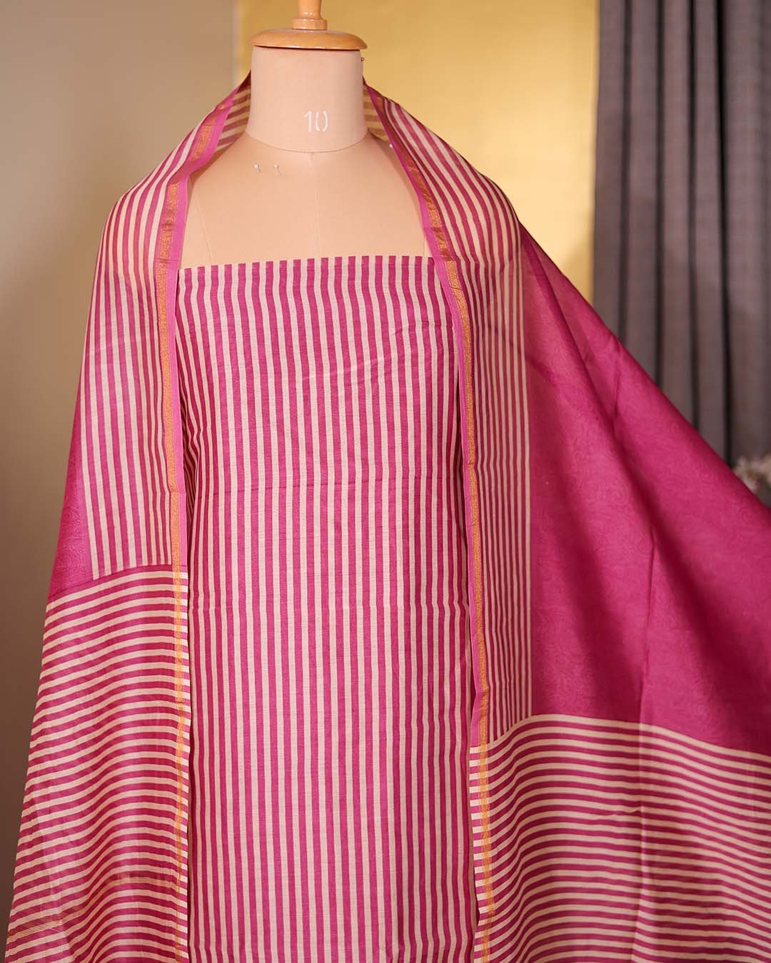 Second image of Pink Striped Mal Suit with Floral Hemline & Printed Dupatta