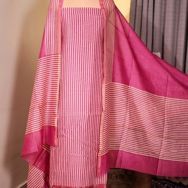 Pink Striped Mal Suit with Floral Hemline & Printed Dupatta