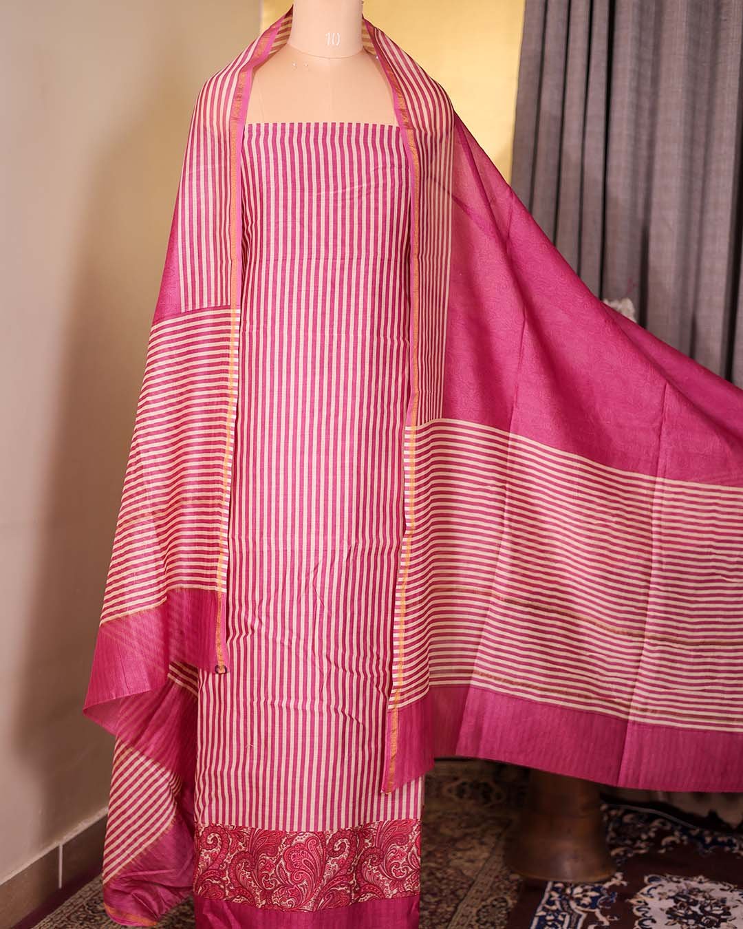 Pink Striped Mal Suit with Floral Hemline & Printed Dupatta